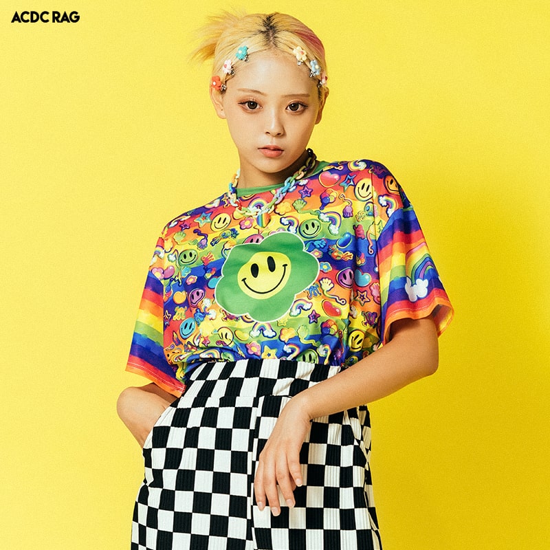 RAINBOW PF Tシャツ MIX 半袖 y2k 原宿系 原宿 派手カワ ファッション かわいい カラフル デコラ ゆめかわ ゆめかわいい 個性的 レトロ ポップ キュート ファンシー ダンス 衣装 ダンス衣装 ヒップホップ レディース レインボー ACDCRAG [メール便可]