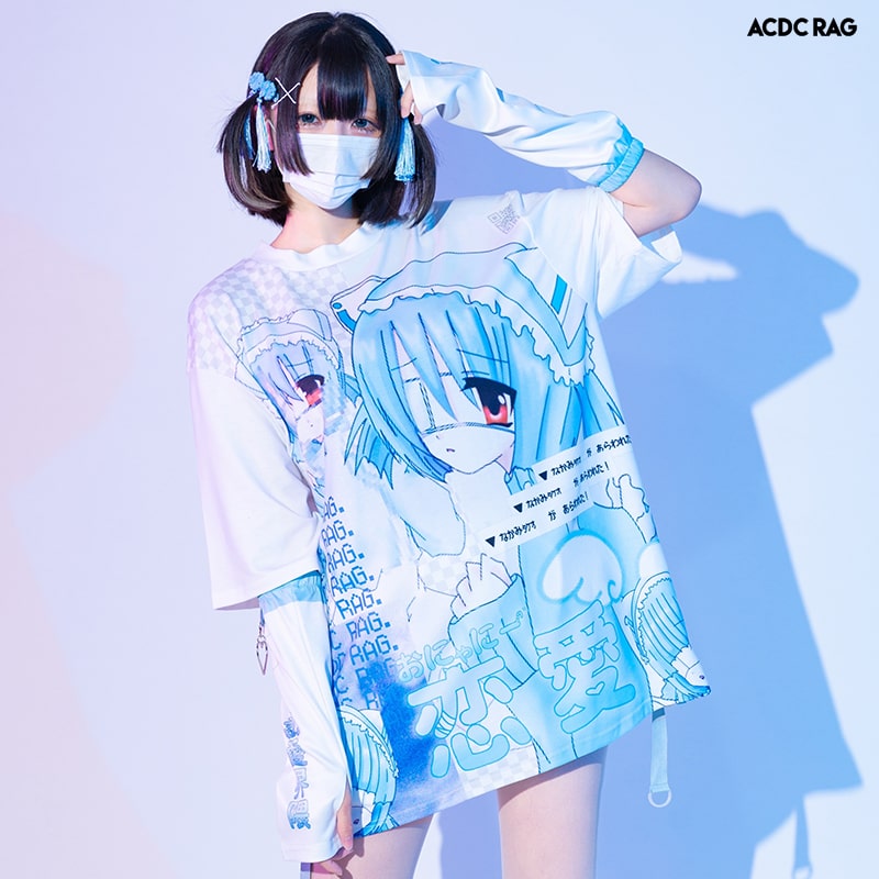 恋愛界隈01ちゃん Tシャツ 半袖 原宿系 原宿 イラスト 女の子 ファッション パンク ロック サイバー 派手 かわいい 派手かわ 個性的 ダンス 衣装 ダンス衣装 ヒップホップ レディース ブルー ホワイト なかみタケオ コラボ ACDCRAG [メール便可]のサムネイル