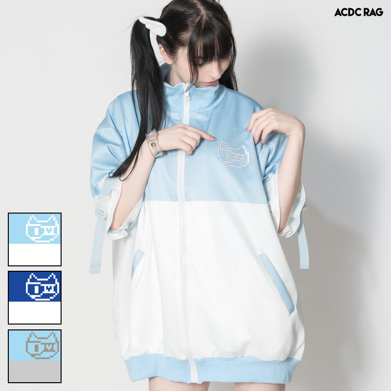 [半袖]ドットネコ ジャージジャケット ブルゾン 原宿 韓国 原宿系 ファッション レディース メンズ かわいい 派手カワ 切り替え 刺繍 大きいサイズ ダンス 衣装 ヒップホップ ダンス衣装 個性的 ジャージ パステルブルー ネイビー ブルー ACDC RAGのサムネイル