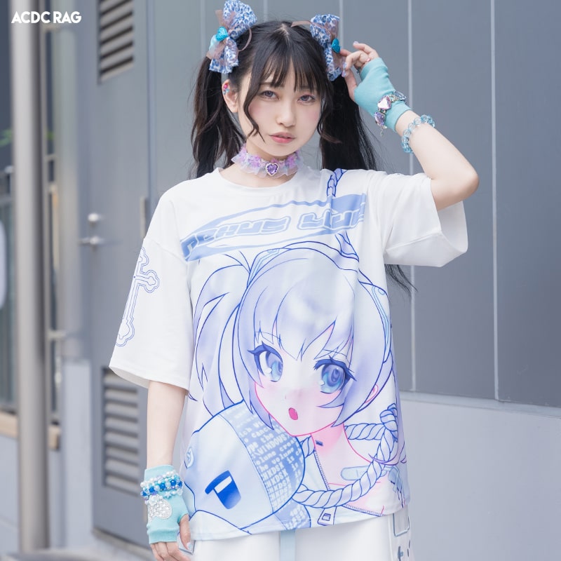 nexus blue Tシャツ 半袖 カットソー 原宿系 原宿 派手カワ ファッション かわいい サブカル 天使界隈 女の子 個性的 パステル ポップ キュート ファンシー ダンス 衣装 ダンス衣装 ヒップホップ レディース メンズ ブルー ホワイト ACDCRAG 