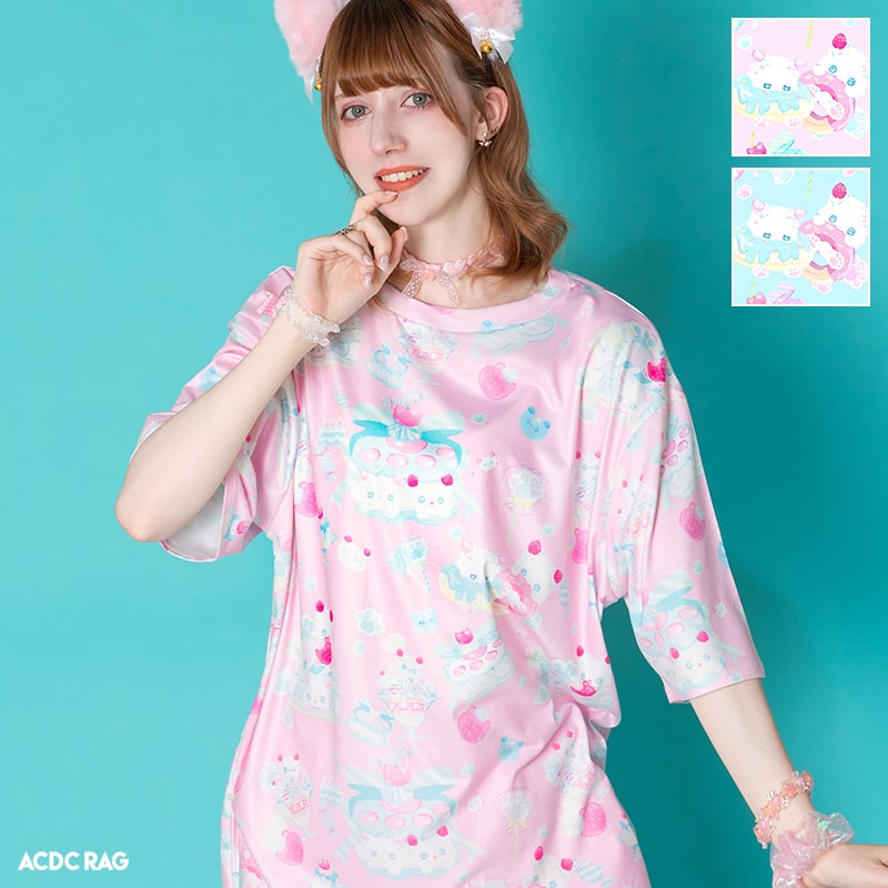 ホイップネコ Tシャツ 半袖 原宿 原宿系 ファッション パステル ファンシー ポップ ねこ ネコ 猫柄 リボン お菓子 派手 かわいい 派手かわ 個性的 ダンス 衣装 ダンス衣装 レディース ピンク ブルー 大きいサイズ ACDCRAG 