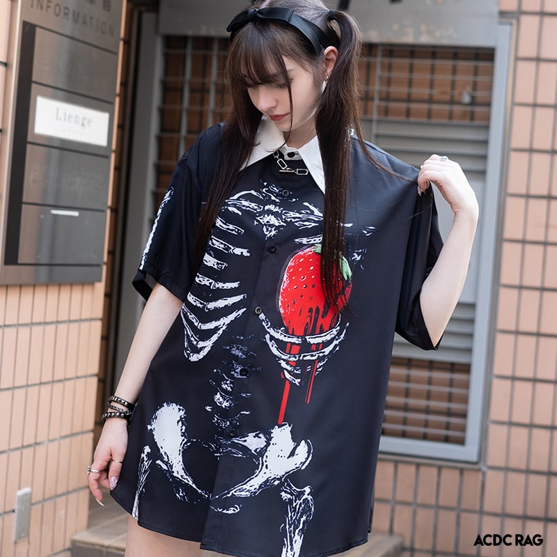 [半袖]タレストロベリー シャツ パンク ロック V系 ファッション バンギャ 原宿系 原宿 韓国 レッド 病..