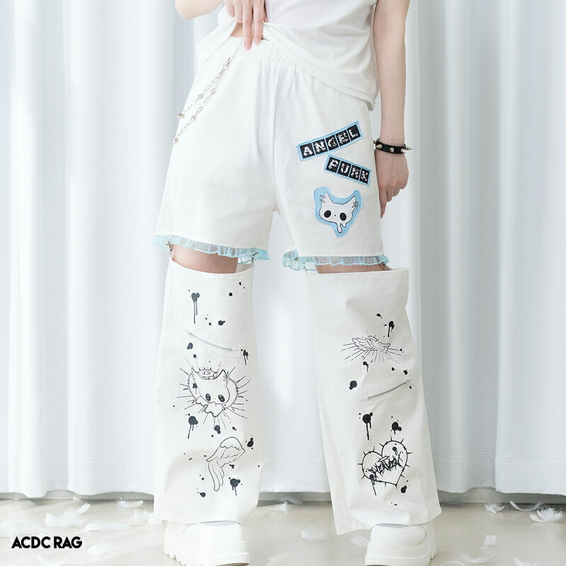 Rakuten - ANGEL PUNK パンツ ボトムス 10分丈 原宿系 原宿 ファッション パンク ロック 天使界隈 天使 悪魔 派手 かわいい 派手かわ 個性的 ダンス 衣装 ダンス衣装 ヒップホップ レディース メンズ ホワイト 大きいサイズ ACDCRAG