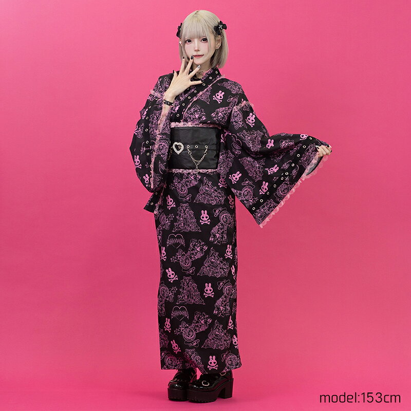 PUNKYバニー KIMONO 着物 浴衣 和風 原宿 原宿系 ファッション パンク ロック 地雷 地雷系 病み 病みかわいい 派手カワ リボン 総柄 ハート 大きいサイズ 衣装 個性的 サブカル メンズ レディース ACDC RAG