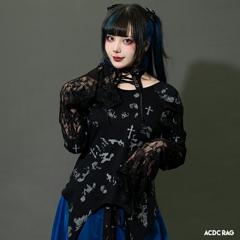 Rakuten - ホルターロンTシャツ カットソー パーカー 長袖 ファッション 原宿 原宿系 レディース Y2K ロック パンク エモパンク レース ストリート ブラック レディース メンズ ACDC RAG