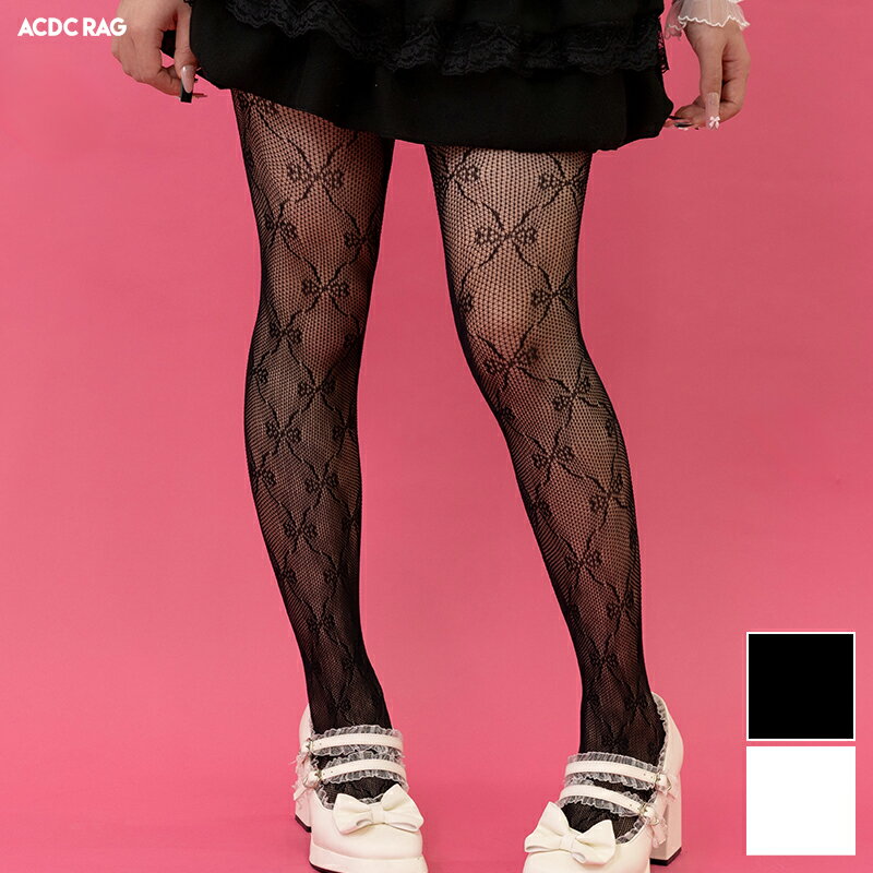 リボンアミタイツ タイツ ストッキング 韓国 韓国系 ファッション 原宿 原宿系 レディース Y2K レース ゴシック ポップ ファッション ストリート ホワイト ブラック ACDC RAG [メール便可]