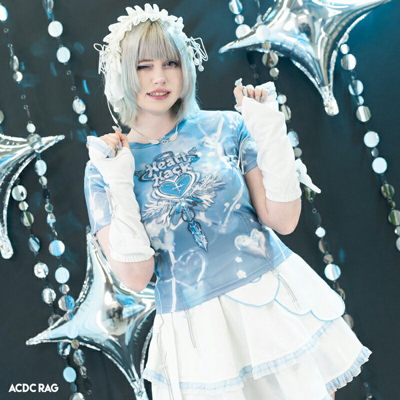 Rakuten - Heart Hack チビT PASTEL BLUE Tシャツ 半袖 ファッション 原宿系 原宿 CapsuleBunny サイバー 天使界隈 Y3K 魔法少女 ハート パステル かわいい 個性的 レディース ホワイト ブルー ACDC RAG[メール便可]