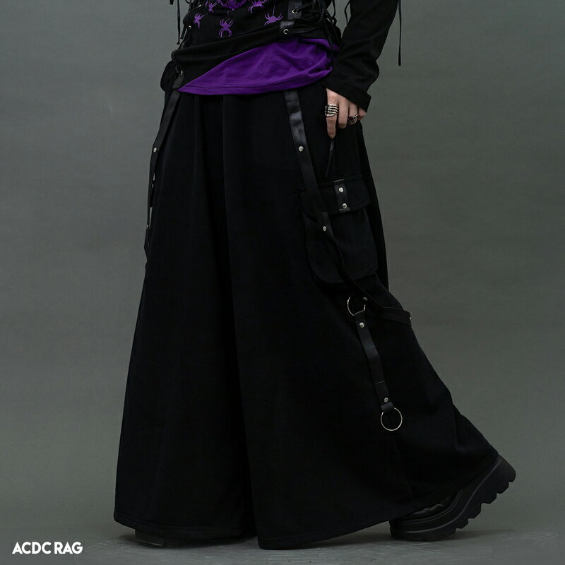 レザーベルト パンツ ワイド 10分丈 ファッション 原宿系 原宿 パンク ロック Y2K ゴシック レザー ベルト ダーク 病み 病みかわいい かわいい 個性的 レディース ブラック ACDC RAG