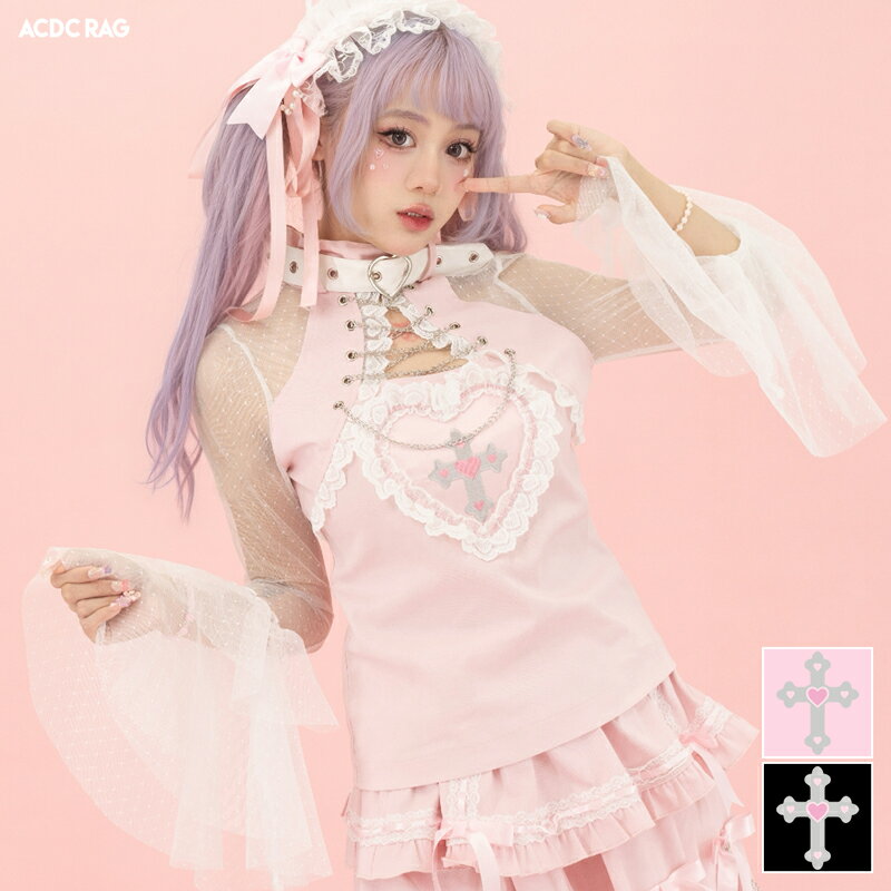 Kiss Kill レースロンTシャツ 長袖 原宿 原宿系 ファッション レース パステル 夢かわ パンク ロック ハート 十字架 病み 病みかわいい 派手カワ 大きいサイズ 衣装 個性的 サブカル レディース ブラック ピンク ACDC RAG