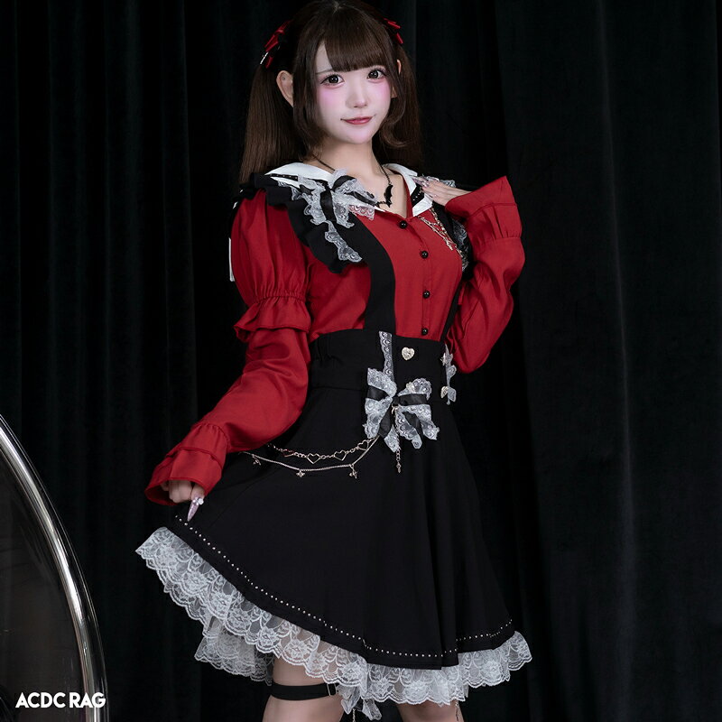 Swaying Heart スカート ブラック 膝丈 エプロン ショルダー 原宿 原宿系 ファッション イラスト 地雷 天使 ハート チェーン 病み 病みかわいい 派手カワ 衣装 個性的 サブカル レディース ACDC RAG