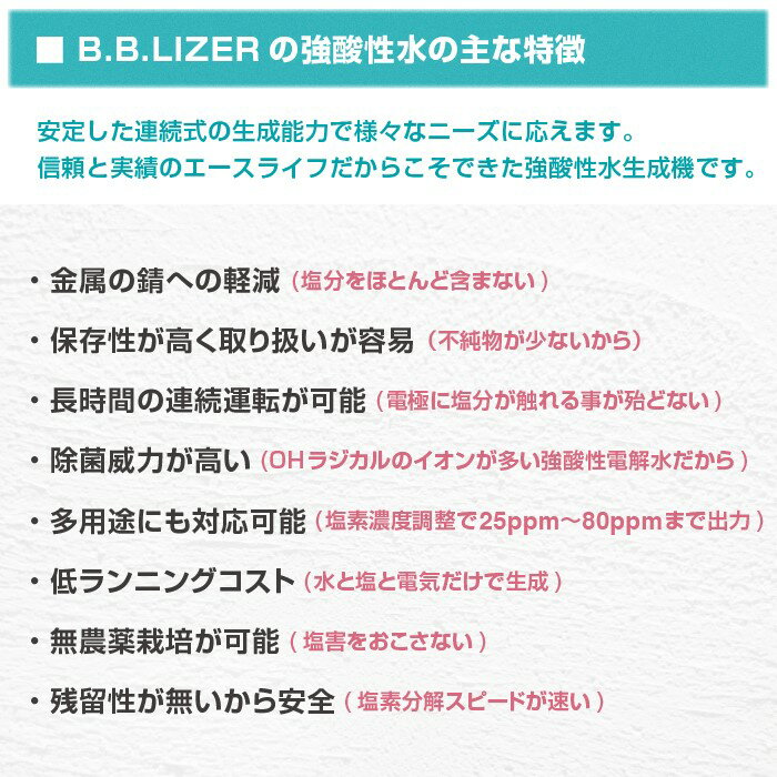 手指消毒 次亜塩素酸水 生成器 【 B.B.LIZER 】日本製 殺菌 電気分解 強酸性 装置 連続式 業務用 医療用 歯科 うがい 口腔 マウスウォッシュ 介護 老人ホーム 赤ちゃん 加湿器 噴霧 作り方 効果 掃除 清掃 食べ物 作る機械 生成機 大容量 動物病院 犬 猫 ペット