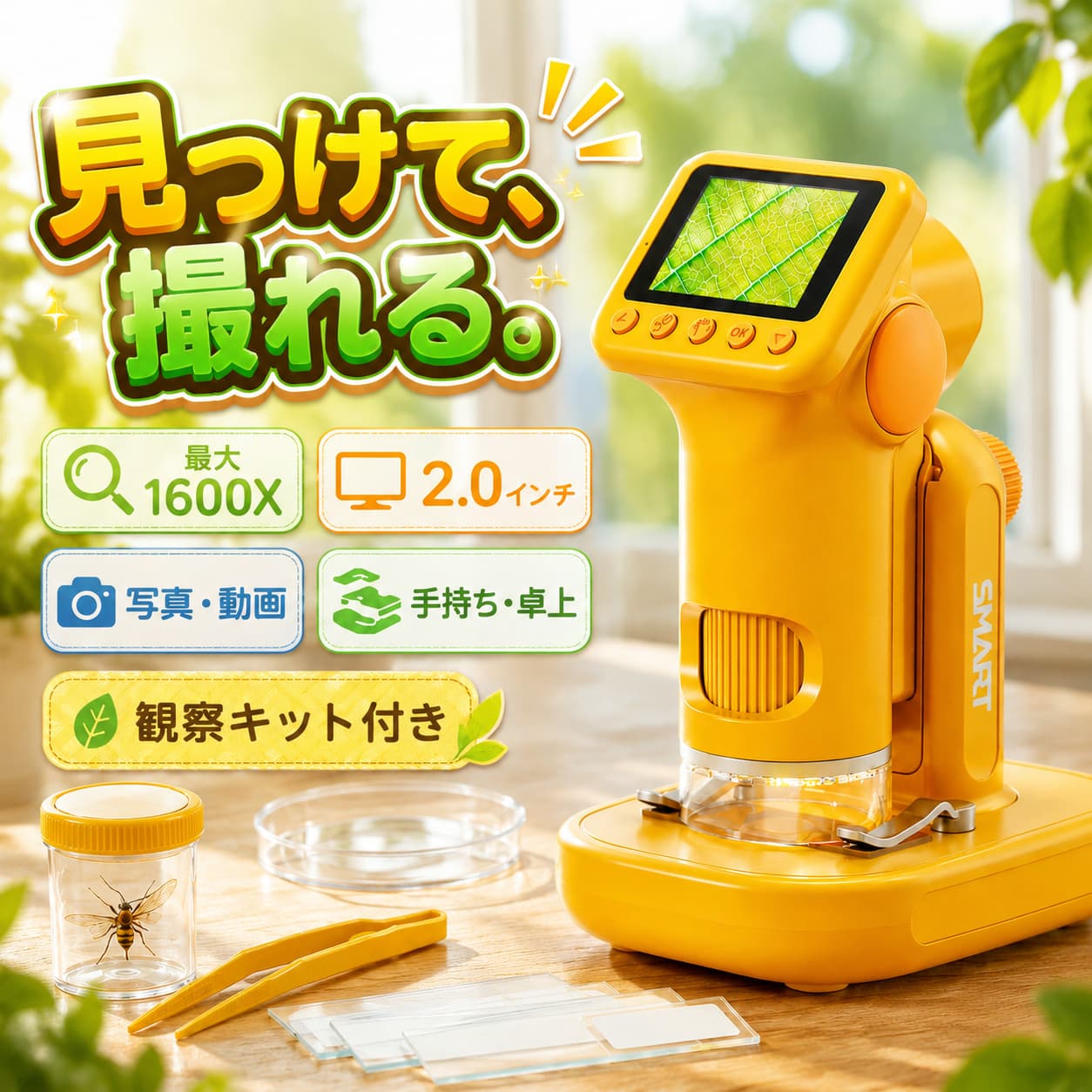 約2時間のUSB充電で、約90分間たっぷり観察に集中できます。倍率最大1600倍画面サイズ2.0インチ電源3.7V 1100mAh (USB充電式)使用時間/充電約90分 / 約2時間パッケージサイズ21.2 × 10.2 × 16.8 cm