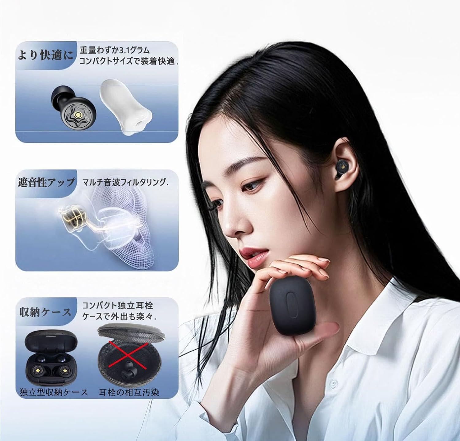 耳栓 睡眠用 みみせん 完全遮音 ノイズキャンセリング 睡眠用イヤホン 耳の突破完全遮音 アラームが聞こえる耳栓 水洗い可能 安眠 聴覚過敏 イヤホンタイプ 耳せん めざまし いびき防止グッズ 勉強 仕事用/勉強/ライブ/旅行/機内用 収納ポーチ付 S M L acelit-10004431 Acelit楽天市場店 サンプル画像3