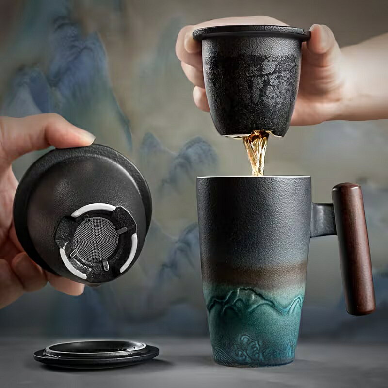 乐天商城 - 陶器マグカップ 蓋付き 大容量 300ml ティーマグ コーヒーカップ 茶こし付き 陶磁器 北欧風 和風 モダン おしゃれ プレゼント