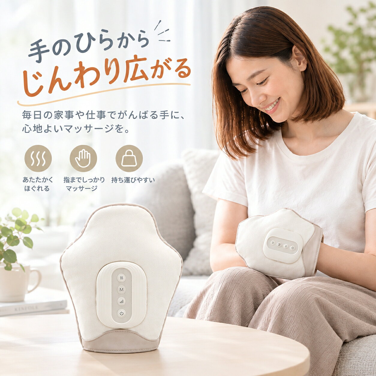 手全体をやさしく包み込む心地よいハンドケア エアー加圧と温熱機能で、 毎日の手元を心地よくケア。 　POINT 01｜エアー加圧で、　手全体をやさしく包み込む 複数のエアバッグが手のひらや指まわりを包み込み、 心地よいリズムで加圧。 仕事や家事の合間に、手元をゆっくりリフレッシュ。 　POINT 02｜じんわり温熱で、　ほっとひと息 温熱機能を搭載し、手のひらをじんわり温めながら心地よくケア。 寒い季節にも、リラックスタイムにも。 　POINT 03｜15分タイマーで使いやすい 1回約15分の自動タイマー。 時間を気にせず、毎日の習慣として 取り入れやすい設計です。 おすすめシーン 家事や仕事の合間に リラックスタイムに 寒い季節の手元ケアに 注意事項 ・痛みや異常を感じた場合は直ちに使用を中止してください ・本製品は医療機器ではないため、医療目的での使用はできません ・お子様の手の届かない場所で保管してください