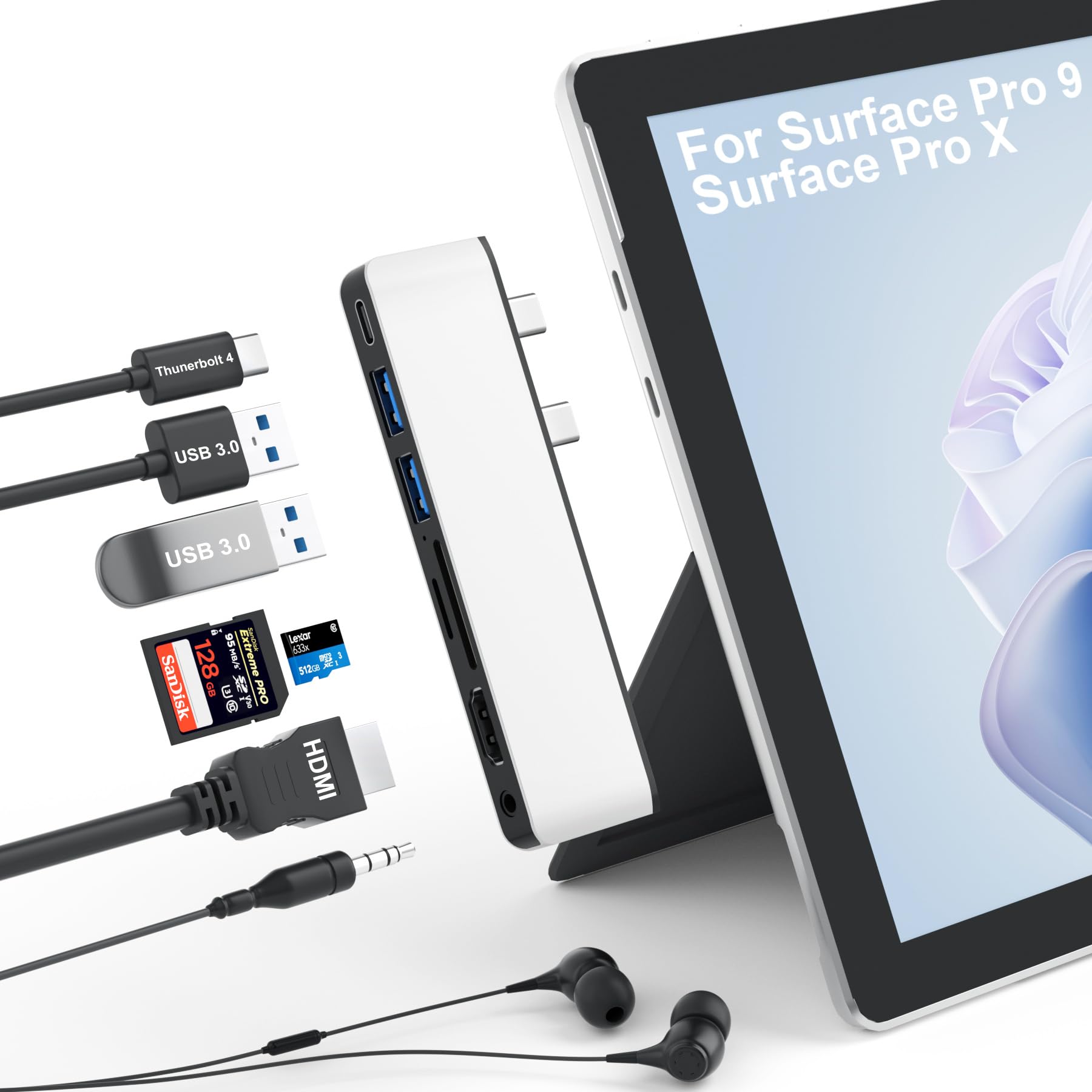 Surface Pro 9 ハブ 4K HDMI, USB-C Thunerbolt 4 2xUSB3.0, SD TFカードリーダー, 3.5 mmオーディオポート Surface Pro9 USBハブ トリプルディスプレイ (Surface Pro 9+HDMI+USB C) サーフェス Pro 9/Pro X用