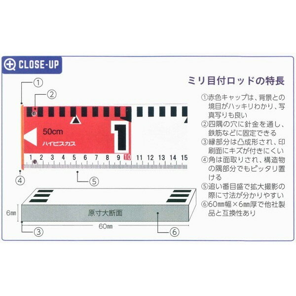 ハイビスカス ミリ目付ロッド（単品） 2m 測量 土木 建築 施工 66ロッド対応 60mm幅×6mm厚※【代引・個人宅への配送不可】※大型商品のため代引決済はご利用できません。 3
