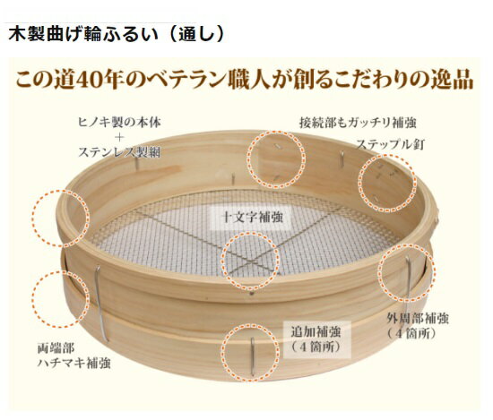 舗装工事専用に改良した軽量で丈夫な木製曲げ輪ふるいです。 ●製品の特長 軽くて丈夫！ 重さわずか660gの超軽量！ ハードな使用に耐えられるよう、各所に補強を加えています。 ●職人手作り 専門の職人が一つ一つ丁寧に手作りしています。 ●寸　法 径360mm×高さ86mm ●質　量 約660g ●材　質 本体：ヒノキ ●メッシュ：ステンレス