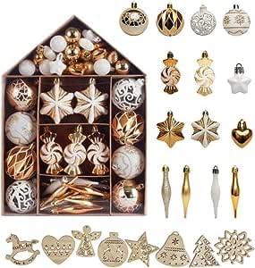 wemitas クリスマスツリー オーナメント 白 ゴールド 飾り ボール デコレーション 73個 大容量 北欧 木製 8種類 14枚 セット