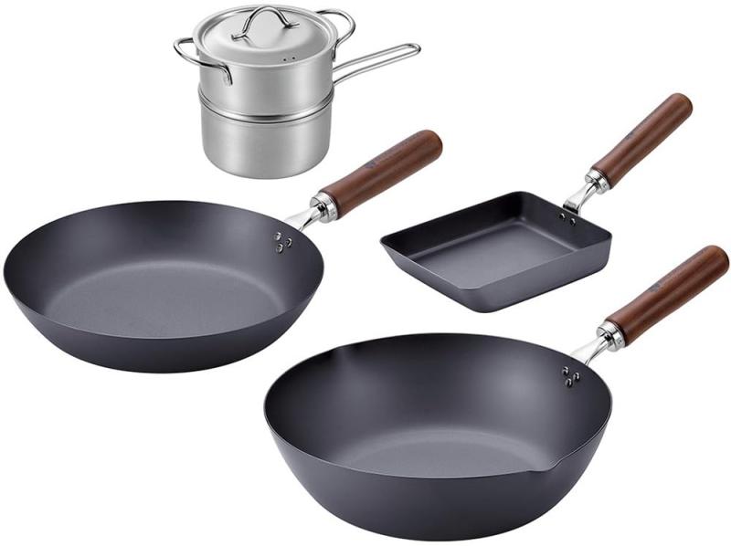 よこやま 燕熟の技 クローバー 窒化シリーズ IH対応 フライパン 26cm & いため鍋 28cm & 玉子焼 14×18cm & ミニ2段蒸し器 14cm CTT-3001(3)