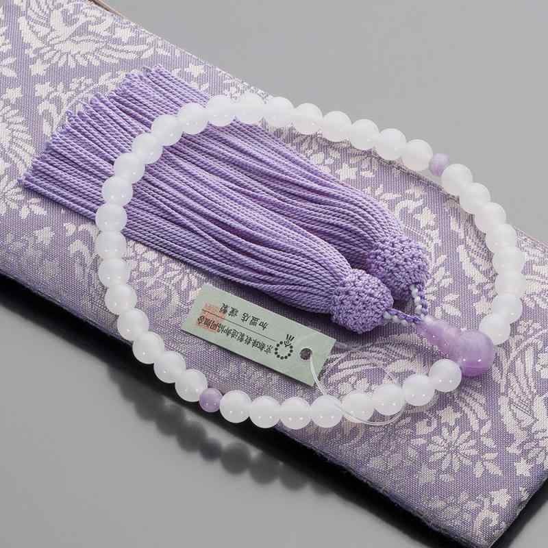 仏壇屋 滝田商店 京念珠 数珠 女性用 白オニキス 紫雲石仕立 7mm玉 正絹頭付房 数珠袋付き すべての宗派で使える 証明書付(3)