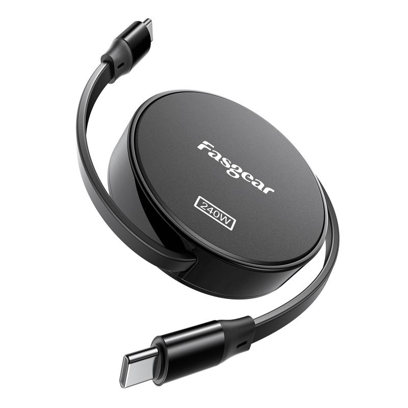 Fasgear 240W USB C - USB Cケーブル 1m 100W USB C充電器用 巻き取り式 5A 急速充電タイプCコード [4伸縮] i-Phone 15 サムソン Galaxy Z Flip5 S23 Mac-book Pro対応 (