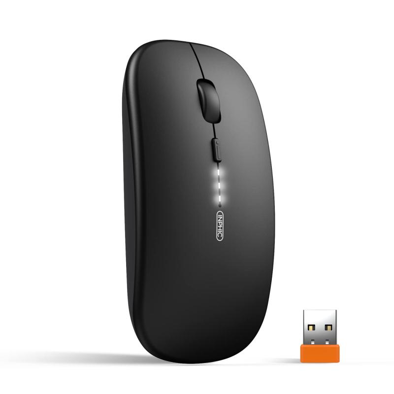 INPHIC ワイヤレスマウス無線静音、充電式[アップグレード：バッテリーレベル表示]、超薄型 コンピューターマウス1600 DPI、Windows/Mac/Chrome/Microsoft/Android に対応、黒