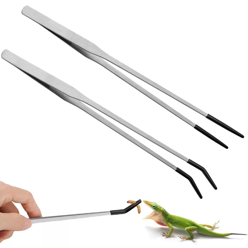 JUJUGO 爬虫類用 ピンセット ゴムチップ付き ステンレス製 長柄タイプ 2本セット (ストレート＆カーブ)..