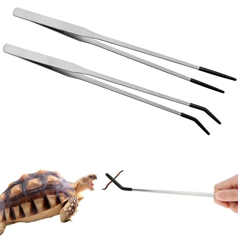 爬虫類用 餌やりピンセット 2本セット ストレート&amp;カーブロングピンセット 蜥蜴 カエル トカゲ 給..