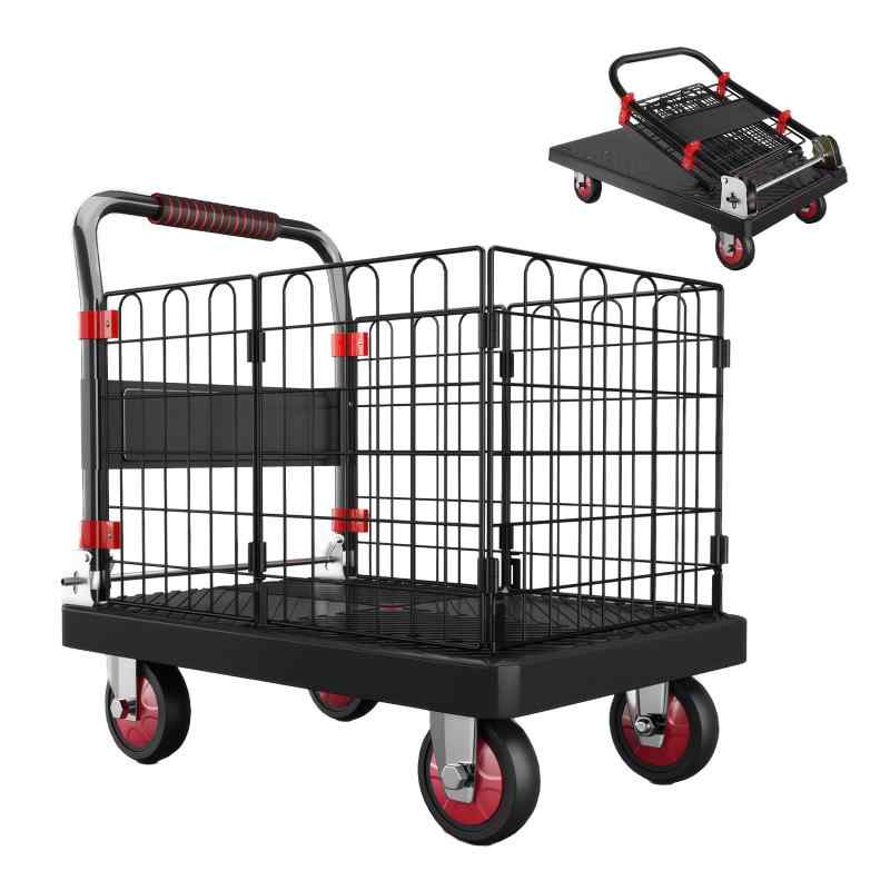 カゴ台車 折りたたみ式カート 大容量台車 網籠車 防落柵付き 静音ハンドカート 4 インチ TPR ウィール..