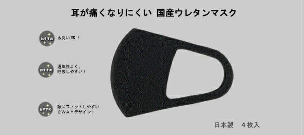 耳が痛くなりにくい国産ウレタンマスク 黒色