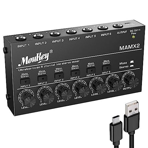 MOUKEY オーディオミキサー 6チャンネル USB DC 5V超低ノイズ サブミキシング用 ラインミキサー 小型ミニオーディオミキサー クラブ/バー/マイク/ギター/ベース/キーボード/ステージミキサーに適用 MAMX2