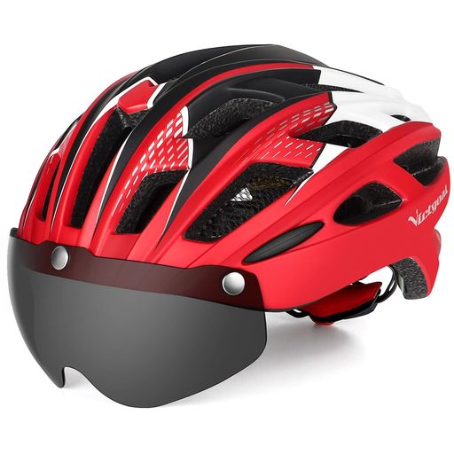 VICTGOAL 自転車 ヘルメット 大人用 LEDライト付きサイクルヘルメット 磁気ゴーグル 防虫ネット ロードバイクヘルメット 超軽量 高剛性 サイクリングヘルメット サイズ調整可能 男女兼用 自転車ヘルメット 57-61CM (新しい赤)