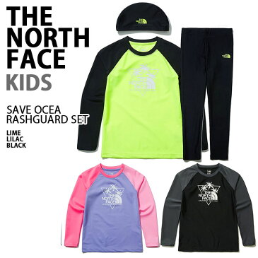 THE NORTH FACE ノースフェイス キッズ ラッシュガード セットアップ SAVE OCEAN RASHGUARD SET UVカット 長袖 長ズボン ロングスリーブ 水着 スイムキャップ ライム ピンク ブラック 上下 子供用 男の子 女の子 NT7TL05S/T/U【中古】未使用品