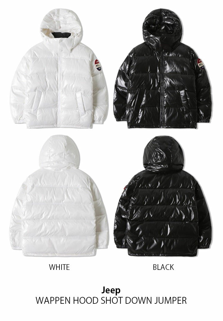 Jeep ジープ ダウンジャケット WAPPEN HOOD SHOT DOWN JUMPER ワッペン フード ショート ダウン ジャンパー フーディ カジュアル ストリート ホワイト ブラック メンズ レディース 男性用 女性用 男女共用 GJ4JPU494