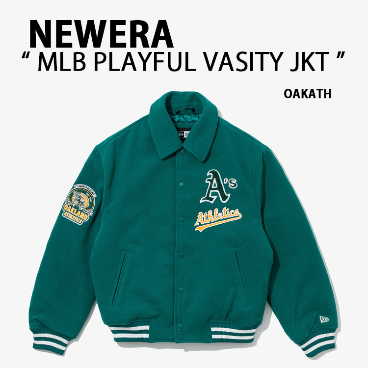 NEWERA ニューエラ スタジャン ブルゾン AP MLB PLAYFUL VASITY JK34 OAKATH オークランド GREEN ベースボールジャケット バーシティジャケット メンズ レディース 13944731