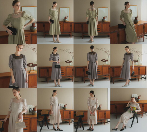 パーティードレス リボンベルト付パフスリーブドレス ミディ丈 結婚式ワンピース フォーマルドレス セレモニー レディース フェミニン かわいい おしゃれ Artmarry haremode ハレモード 323203 カーキ グレー ベージュ S M