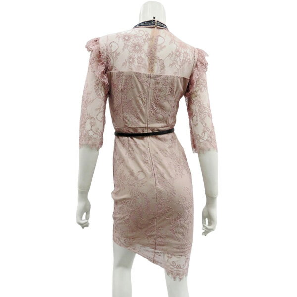 キャバドレス ワンピース ミニドレス ネックリボン5分袖 総レース ベルト付き ストレッチ タイトミニドレス パーティードレス キャバクラ キャバ ドレス IMPERIAL J-456 ピンクベージュ ホワイト S M L XL