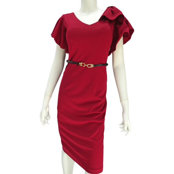 キャバドレス ワンピース ミニドレス エンジェルスリーブ ベルト付き ストレッチ タイトミニドレス キャバクラ キャバ ドレス IMPERIAL J-780 ワイン S M L
