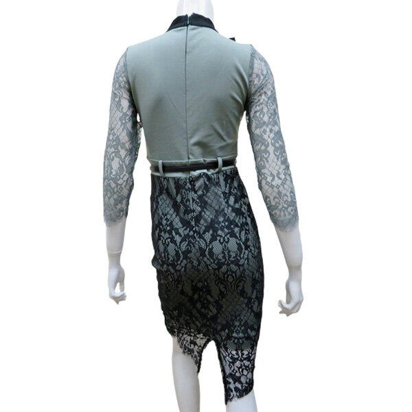 キャバドレス ワンピース ミニドレス レース7分袖 ネックリボン ベルト付き ストレッチ タイトミニドレス キャバクラ キャバ ドレス IMPERIAL J-605 ミント ピンク ワイン S M L XL