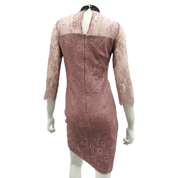 キャバドレス ワンピース ミニドレス ネックリボン フロントジッパー 総レース 7分袖 ストレッチ タイトミニドレス キャバクラ キャバ ドレス IMPERIAL J-735 ピンク ブラック S M L