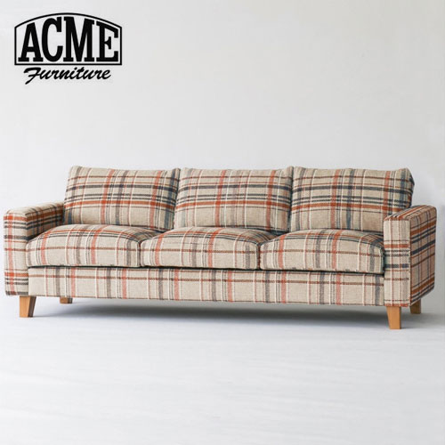 ACME Furnitureオリジナルのソファ「 JETTY feather Sofa 3seater AC-08 」です。コーエン兄弟製作映画『ノーカントリー』のワンシーンに使われていたチェック柄のソファを忠実に再現いたしました。フェザークッションに張ることで大判のチェック柄と絶妙に擦れた配色が柔らかく温かみのある表情を作ります。色味や柄のバランスが可愛くなり過ぎないチェックを生み出し、どこか昔のアメリカを感じれる様な生地に仕上がっております。【JETTY feather】(ジェティ フェザー)シリーズ直線的なフォルムと、高さを低く抑えることで圧迫感をなくし、お部屋を広く見せてくれます。座面はウレタン2層構造の上に国内産のフェザーをふんだんに使用し、包み込むような座り心地に。長時間座っても疲れないよう、程よい固さに仕上げました。 背面クッションも同様にフェザーを使用しています。サイズ感は日本の住宅で考えると若干大き目な作りですが、両アームが取外し可能となっているため、幅広い住居に搬入、ご利用頂けます。【人数】3人掛け【硬さ】やわらかめ【サイズ】幅229、奥行き90、高さ77、座高40【梱包サイズ】幅235、奥行き95、高さ75【素材】ファブリック：アクリル45% ポリエステル38% コットン17% / 木部：アッシュ材（タモ）【中材】フェザー、ウレタン【組み立て】不要。完成品でお届けいたします。【カバー】クッション部分中材の取り外し可。※洗濯不可No：22700970012970【注意事項】・画像の商品はサンプルです。実際の商品と仕様、加工が若干異なる場合があります。・サイズ表記はあくまで目安となります。・画像は、光の当たり具合で色味が違って見える場合があります。商品の色味は、スタジオ撮影の画像をご参照ください。・本商品の部位やロットにより木目、節の出方や表面の風合いに個体差が生じます。天然素材の特性をご理解いただいた上でご使用いただけますようお願いいたします。・本商品は表面にエイジング加工を施し、意図的に経年変化の風合いを表現しています。傷や打痕のような跡がございますが、不良品ではありません。あらかじめご了承ください。【送料について】北海道・沖縄・離島は送料を頂きます。【商品について】アクメファニチャーの家具はヴィンテージ感を強く出しているため、木目の出方、アイアンやレザーの加工、ファブリックの柄の出方などが一点一点異なります。木材の割れ目や傷、アイアンの錆などは、ヴィンテージ感を出すための加工であり不良品ではございません。商品のデザインとしてご理解の上お買い求め頂きますようお願い申し上げます。【ご注意】ソファ、ベッド、イス、テーブル、ベンチの脚先が鉄製の商品は、そのままご使用になりますと床を痛める原因となります。ご使用前には必ず、脚先と設置面をご確認ください。アジャスターボルト（ネジ）が付属しているものは、正しく取り付けられているかご確認下さい。またパーツが破損してしまった際はacme@genepa.comまでご連絡下さい。床の傷やヘコミの防止には、脚先に専用のフェルトやゴムをご使用ください。また、ダイニング用のラグマットを敷くのもオススメです。当店では、床に傷やヘコミがついた際の修理保証は致しかねますので予めご了承くださいませ。【ACME Furnitureについて】ACME FurnitureはJOURNAL STANDARD FURNITURE(ジャーナルスタンダードファニチャー)を展開するベイクルーズグループのブランドです。JETTY feather SOFA 3SEATER AC-08 NAジェティー フェザー ソファ 3人掛け ナチュラル(チェック)ACME Furnitureオリジナルのソファ「 JETTY feather Sofa 3seater AC-08 」です。コーエン兄弟製作映画『ノーカントリー』のワンシーンに使われていたチェック柄のソファを忠実に再現いたしました。フェザークッションに張ることで大判のチェック柄と絶妙に擦れた配色が柔らかく温かみのある表情を作ります。【サイズ】幅229、奥行き90、高さ77、座高40