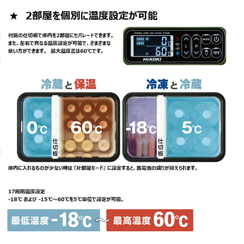 バッテリー BSL36A18X 1個プレゼント！ ハイコーキ HIKOKI コードレス冷温庫 UL18DBA 庫内容積 25L 仕切板で2部屋使いが可能 3電源使用可能 スマホ充電可能 保温 冷蔵 冷凍 蓄電池 バッテリー付き フォレストグリーン WMGZ サンドベージュ WMBZ acst-10001982 神戸えんすぅ党 サンプル画像2