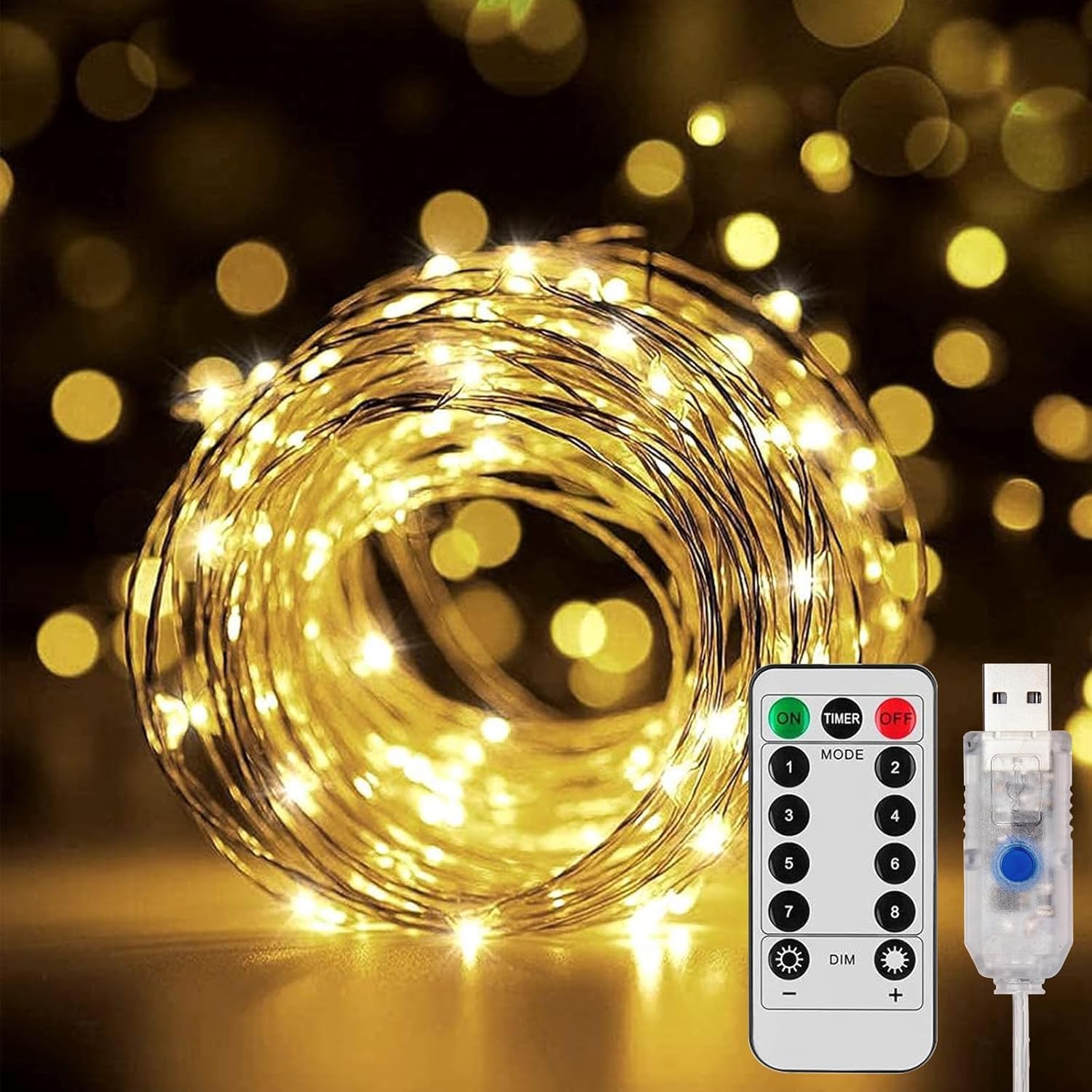 ledイルミネーションライト 100球 10m 電球色 点灯8パターン リモコン付 電源 5V USB式 キャンプ デコレーションライト ロープライト 部屋 屋外 防水 ストリングライト ガーデンライト クリスマスツリー クリスマス 送料無料 LED Strip Light Decorative Light