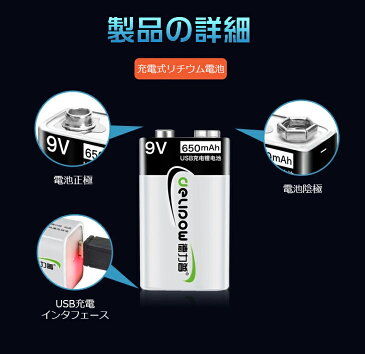 「WASHODO」DELIPOW 繰り返し使える 6P型 USB充電式電池 9V 650mAh リチウム イオンバッテリー USBケーブル 電池パック付き 「2本セット」