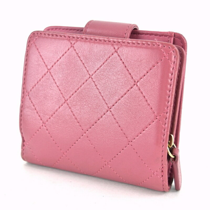 シャネル 財布 レディース 二つ折り財布 マトラッセ レザー コンパクトウォレット ピンク ココマーク ゴールド金具 アクトワン【中古】 2