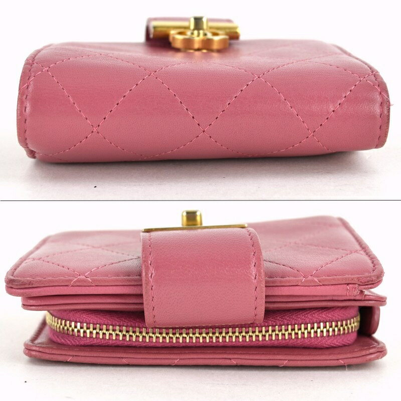 シャネル 財布 レディース 二つ折り財布 マトラッセ レザー コンパクトウォレット ピンク ココマーク ゴールド金具 アクトワン【中古】 3