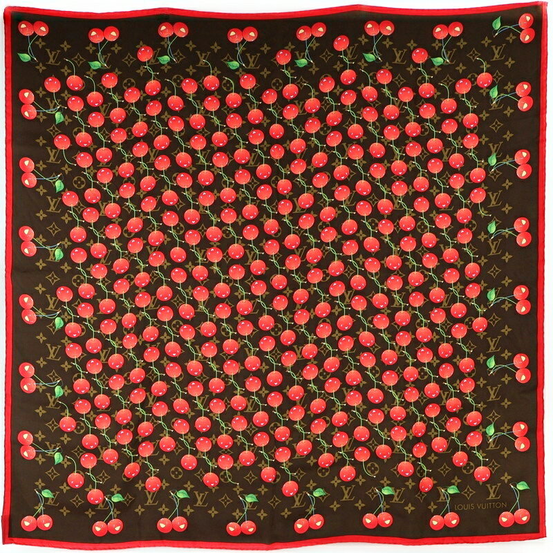 ルイヴィトン スカーフ シルク100% ブラウン×レッド モノグラムチェリー 村上隆 M71962 正方形 総柄 レディース メンズ アクトワン【中古】