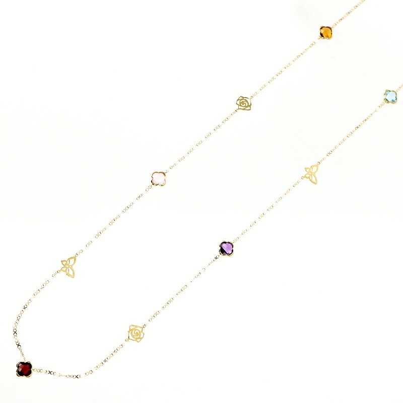 カラーストーン ステーションネックレス 18金 K18YG 鑑別書付き 80cm バタフライ フラワー ジュエリー アクトワン【中古】