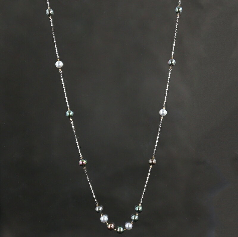 パールネックレス ステーションデザイン 76cm 真珠 7.5～7.8mm マルチカラー 18k 18金 ホワイトゴールド イエローゴールド ジュエリー アクトワン【中古】
